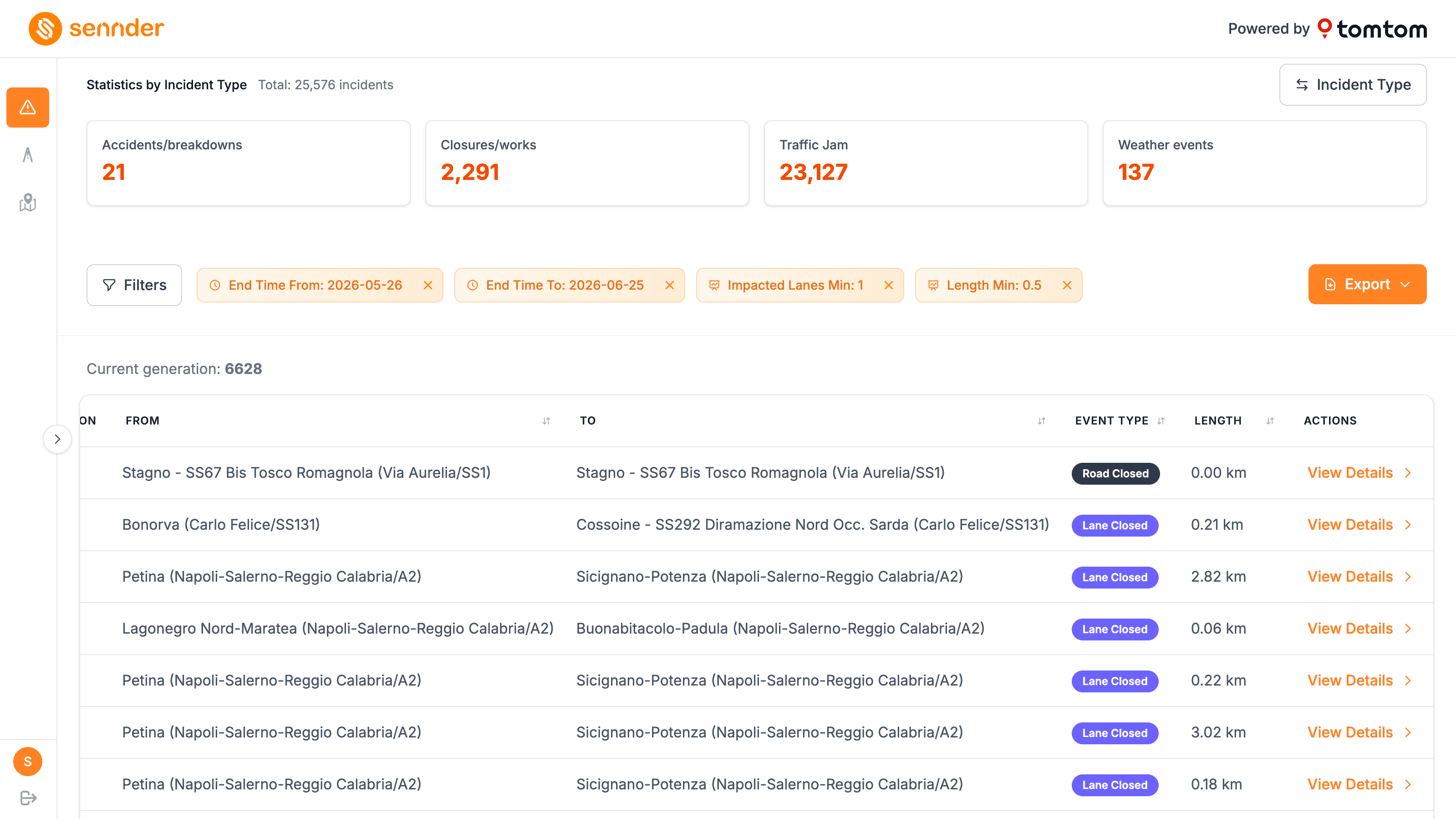 Pagina «Incidents» del Traffic Tool: in alto le statistiche per tipo di evento (oltre 25.000 eventi in totale, tra incidenti, chiusure e lavori, code e meteo) con i filtri applicati; sotto, l'elenco degli eventi con tratta di partenza e di arrivo, tipo di evento e lunghezza.
