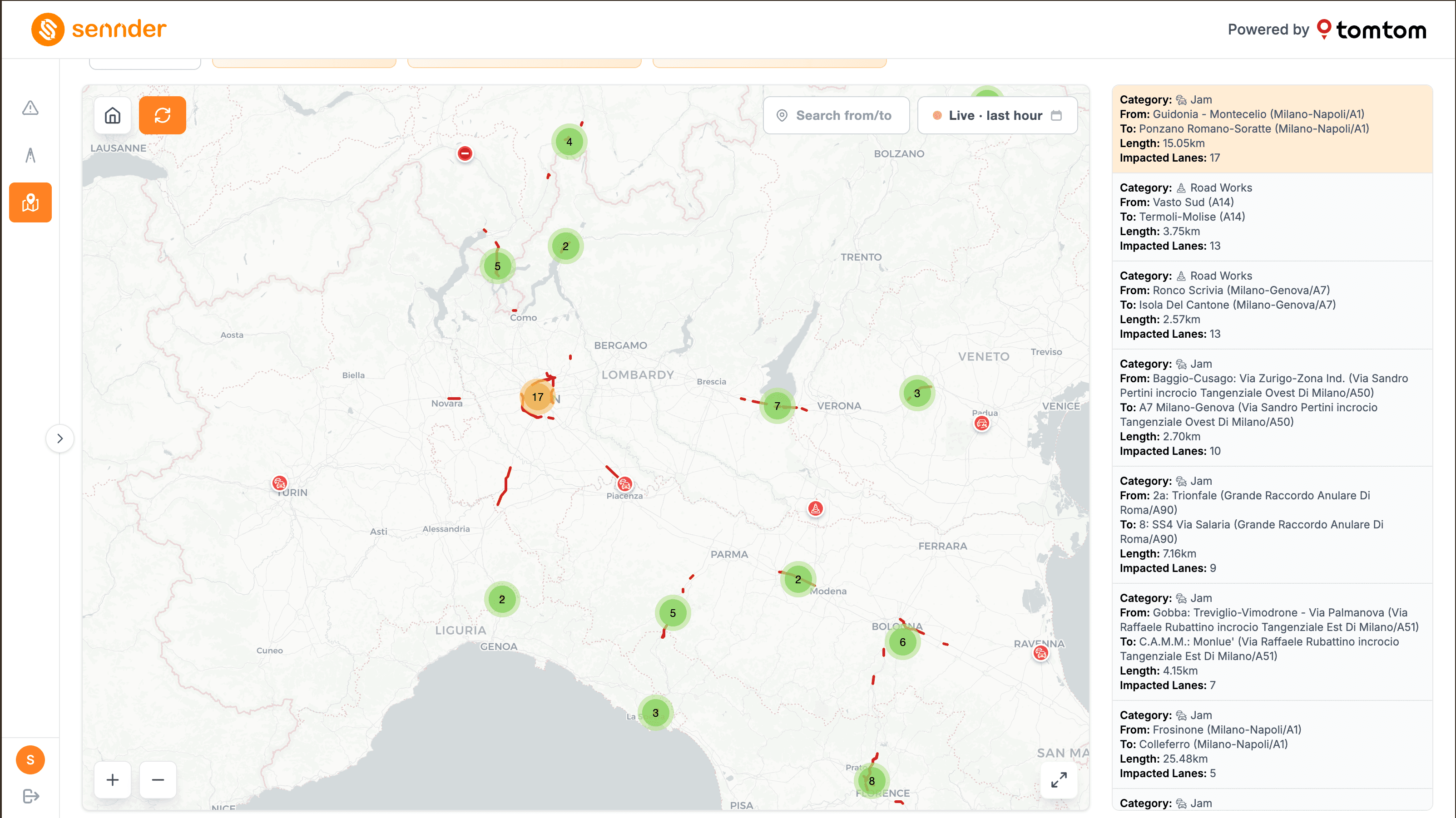 Pagina «Incidents map» del Traffic Tool: la mappa degli eventi di traffico in tempo reale su tutta Italia (Live, ultima ora), con gli eventi raggruppati per zona e, sulla destra, l'elenco con tipo di evento, tratta interessata, lunghezza e corsie impattate.