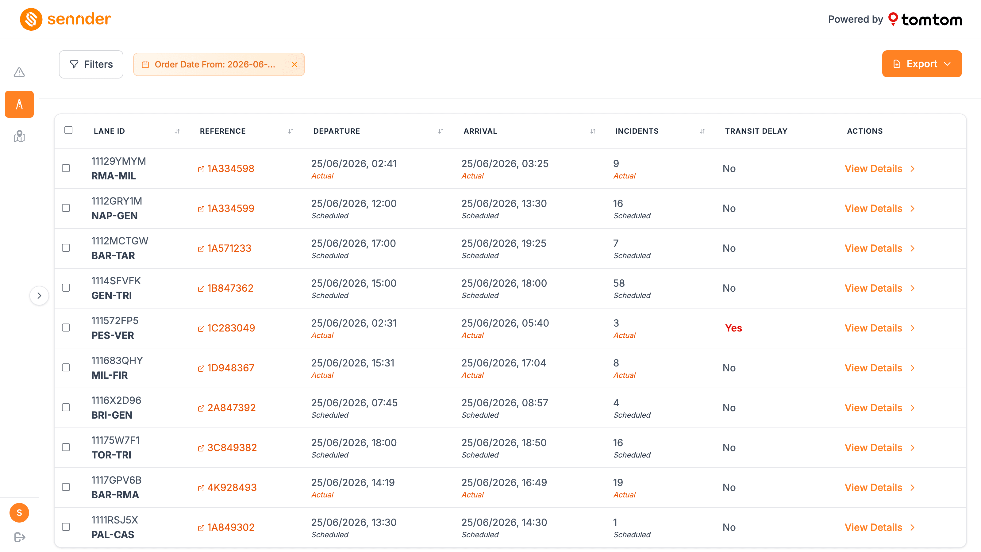 Pagina «Legs» del Traffic Tool: l'elenco dei trasporti analizzati con codice della tratta, riferimento dell'ordine, orari di partenza e arrivo (previsti o effettivi), numero di eventi di traffico incontrati e indicazione di eventuale ritardo.